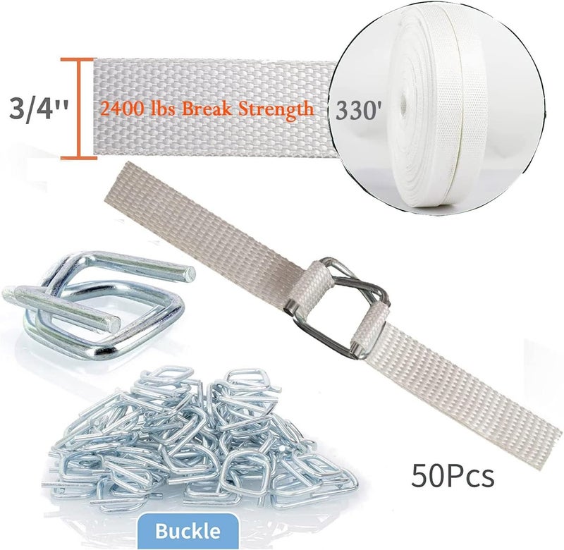 Palmarosa طقم حزام حبل منسوج 3/4" x 330' مع 50 مشبك معدني - لفة تعبئة، قوة كسر 2400 رطل - Image 2